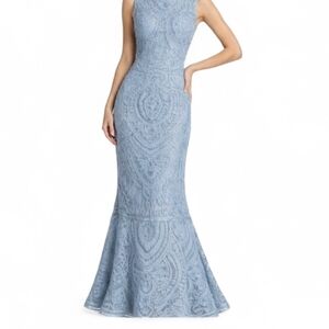 JS Collections 3D Scrolling Ribbon Ruffle Slate Blue Sleeveless Sheath Dress 10